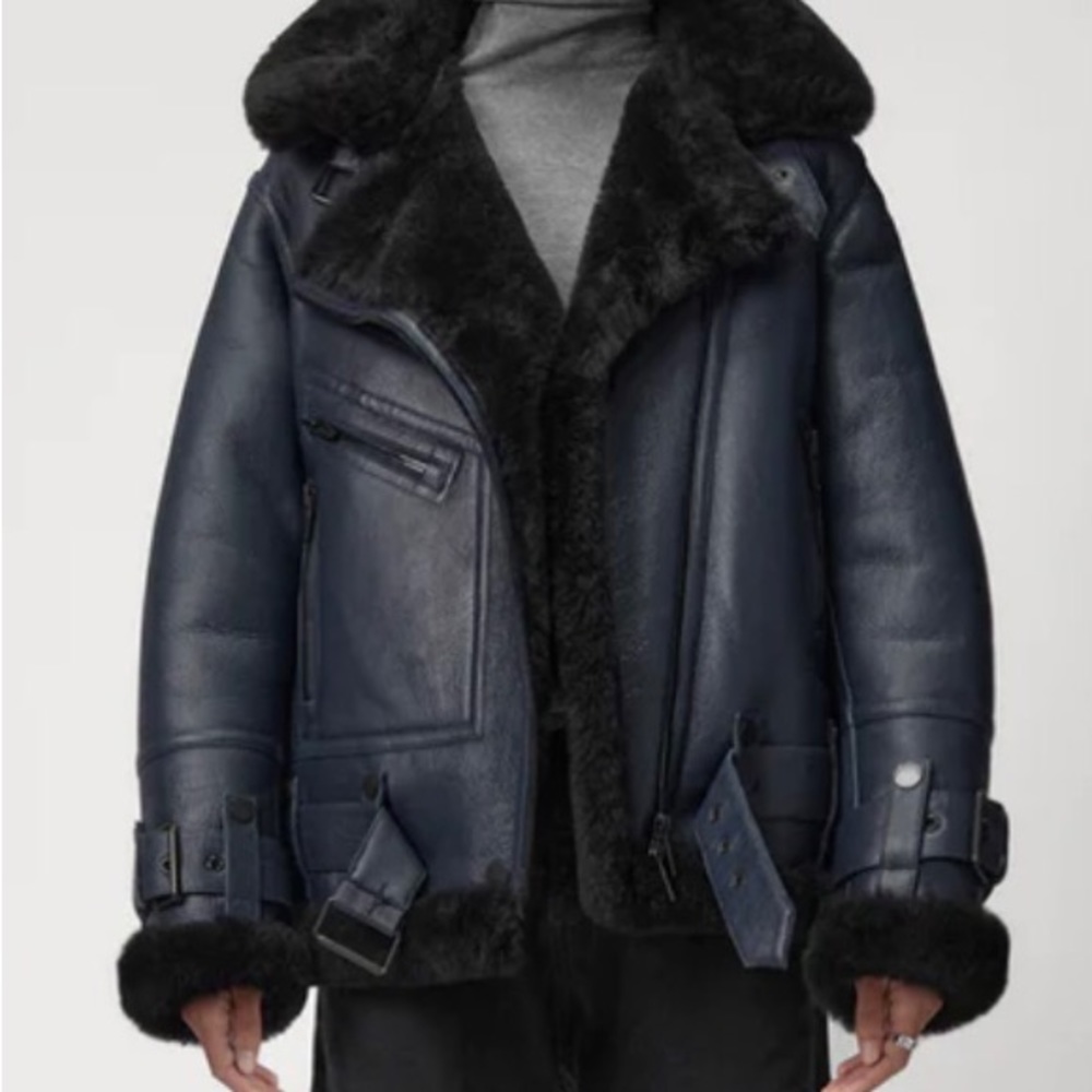 The Arrivals Moya Alpine 100% Lamb Shearling Moto Jacket in Navy